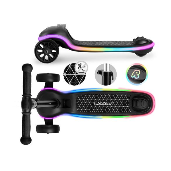 Háromkerekű roller, Ricokids Leddi, fekete, LED világítás a fellépőben, balanszos irányítás, állítható fém kormány, max. 35 kg