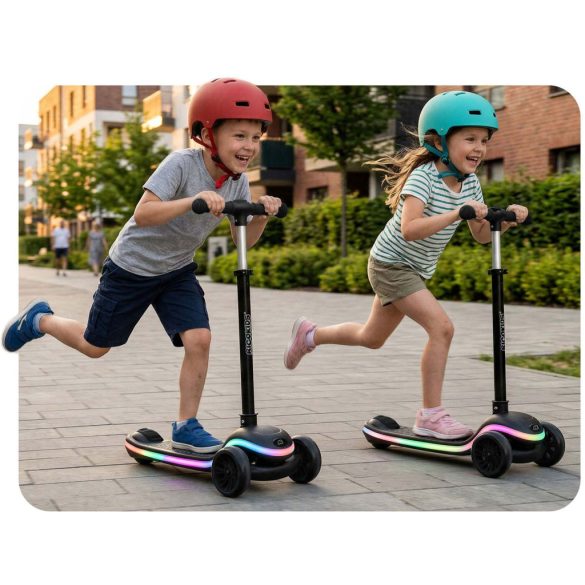 Háromkerekű roller, Ricokids Leddi, fekete, LED világítás a fellépőben, balanszos irányítás, állítható fém kormány, max. 35 kg