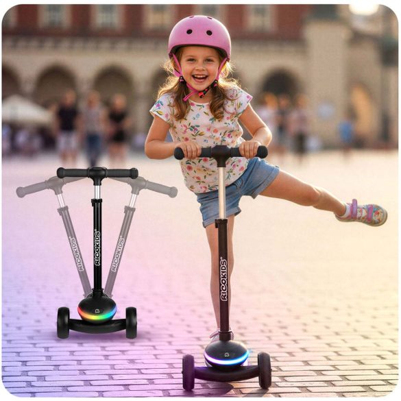Háromkerekű roller, Ricokids Leddi, fekete, LED világítás a fellépőben, balanszos irányítás, állítható fém kormány, max. 35 kg