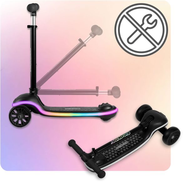 Háromkerekű roller, Ricokids Leddi, fekete, LED világítás a fellépőben, balanszos irányítás, állítható fém kormány, max. 35 kg