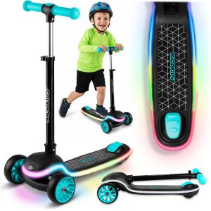 Háromkerekű roller, Ricokids Leddi, fekete/türkiz, LED világítás a fellépőben, balanszos irányítás, állítható fém kormány, max. 35 kg