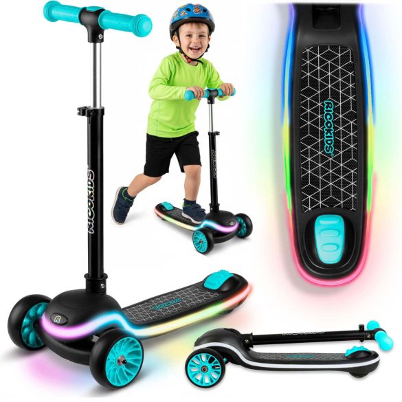 Háromkerekű roller, Ricokids Leddi, fekete/türkiz, LED világítás a fellépőben, balanszos irányítás, állítható fém kormány, max. 35 kg