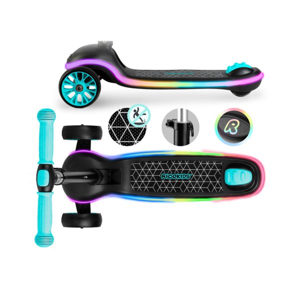 Háromkerekű roller, Ricokids Leddi, fekete/türkiz, LED világítás a fellépőben, balanszos irányítás, állítható fém kormány, max. 35 kg