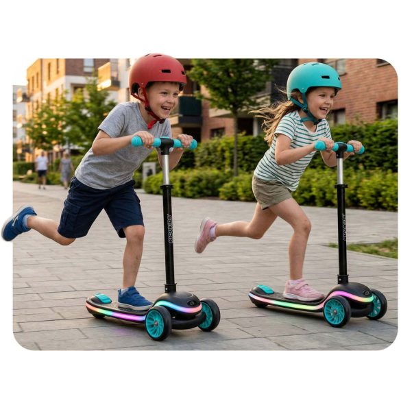 Háromkerekű roller, Ricokids Leddi, fekete/türkiz, LED világítás a fellépőben, balanszos irányítás, állítható fém kormány, max. 35 kg