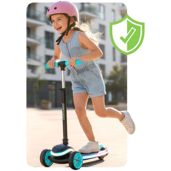 Háromkerekű roller, Ricokids Leddi, fekete/türkiz, LED világítás a fellépőben, balanszos irányítás, állítható fém kormány, max. 35 kg