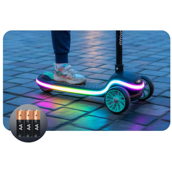 Háromkerekű roller, Ricokids Leddi, fekete/türkiz, LED világítás a fellépőben, balanszos irányítás, állítható fém kormány, max. 35 kg