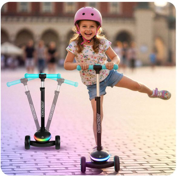 Háromkerekű roller, Ricokids Leddi, fekete/türkiz, LED világítás a fellépőben, balanszos irányítás, állítható fém kormány, max. 35 kg