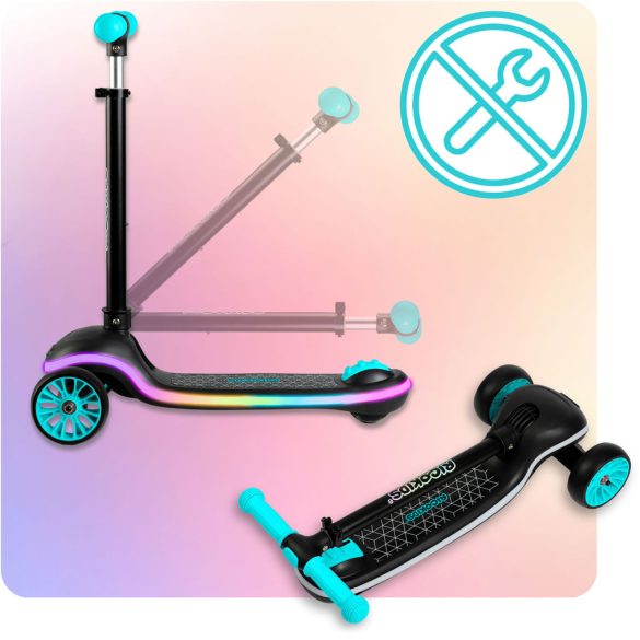 Háromkerekű roller, Ricokids Leddi, fekete/türkiz, LED világítás a fellépőben, balanszos irányítás, állítható fém kormány, max. 35 kg