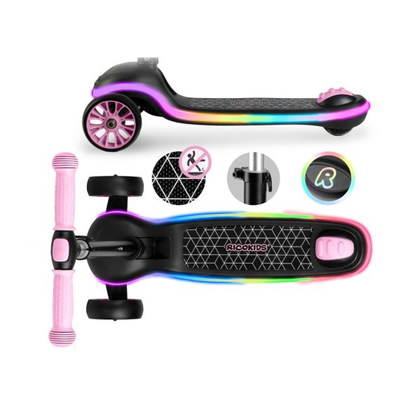 Háromkerekű roller, Ricokids Leddi, fekete/rózsaszín, LED világítás a fellépőben, balanszos irányítás, állítható fém kormány, max. 35 kg