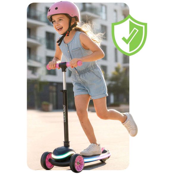 Háromkerekű roller, Ricokids Leddi, fekete/rózsaszín, LED világítás a fellépőben, balanszos irányítás, állítható fém kormány, max. 35 kg