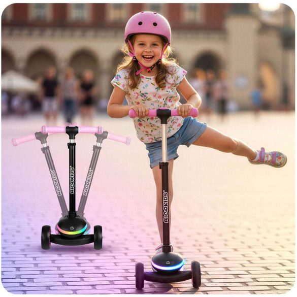 Háromkerekű roller, Ricokids Leddi, fekete/rózsaszín, LED világítás a fellépőben, balanszos irányítás, állítható fém kormány, max. 35 kg