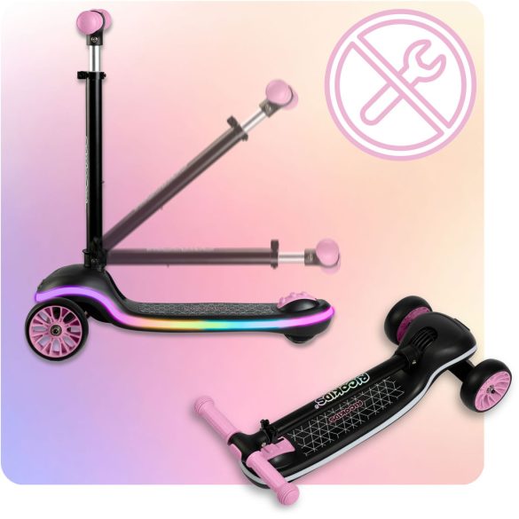 Háromkerekű roller, Ricokids Leddi, fekete/rózsaszín, LED világítás a fellépőben, balanszos irányítás, állítható fém kormány, max. 35 kg