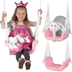 Gyerek hinta, Ricokids, rózsaszín, maci minta, kötélmagasság: 130-160 cm, átalakítható, teherbírás: 30 kg, téglalap alakú