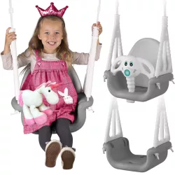   Gyerek hinta, Ricokids, szürke/fehér, elefánt minta, állítható kötélmagasság: 130-160 cm, átalakítható, teherbírás: 30 kg, téglalap alakú