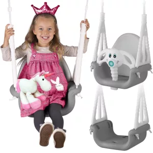Gyerek hinta, Ricokids, szürke/fehér, elefánt minta, állítható kötélmagasság: 130-160 cm, átalakítható, teherbírás: 30 kg, téglalap alakú