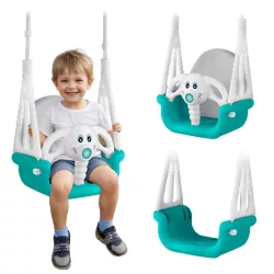   Gyerek hinta, Ricokids, türkiz/fehér, elefánt minta, állítható kötélmagasság: 130-160 cm, átalakítható, teherbírás: 30 kg, téglalap alakú