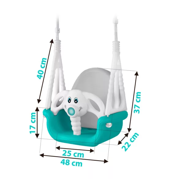Gyerek hinta, Ricokids, türkiz/fehér, elefánt minta, állítható kötélmagasság: 130-160 cm, átalakítható, teherbírás: 30 kg, téglalap alakú