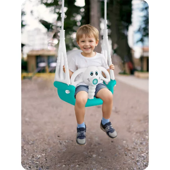 Gyerek hinta, Ricokids, türkiz/fehér, elefánt minta, állítható kötélmagasság: 130-160 cm, átalakítható, teherbírás: 30 kg, téglalap alakú