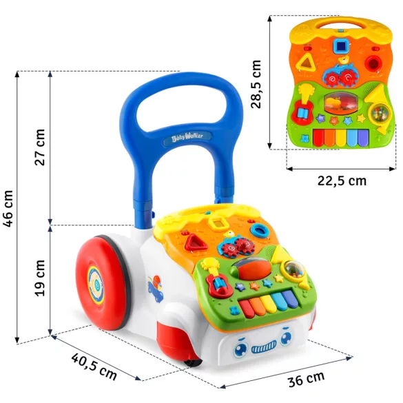 Járássegítő és oktató tábla, Ricokids RK-744, fehér, 2 az 1-ben, fény és hanghatások, kivehető panel, csúszásgátló és fékezhető kerekek, hangerőszabályzós, 6 hó+
