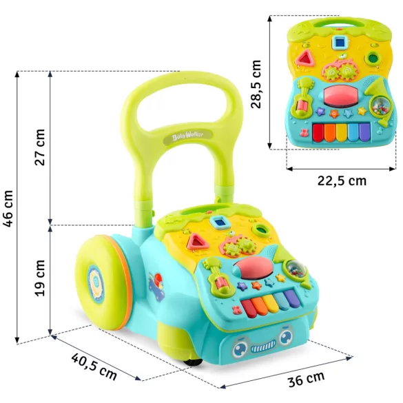 Járássegítő és oktató tábla, Ricokids RK-744, türkiz, 2 az 1-ben, fény és hanghatások, kivehető panel, csúszásgátló és fékezhető kerekek, hangerőszabályzós, 6 hó+