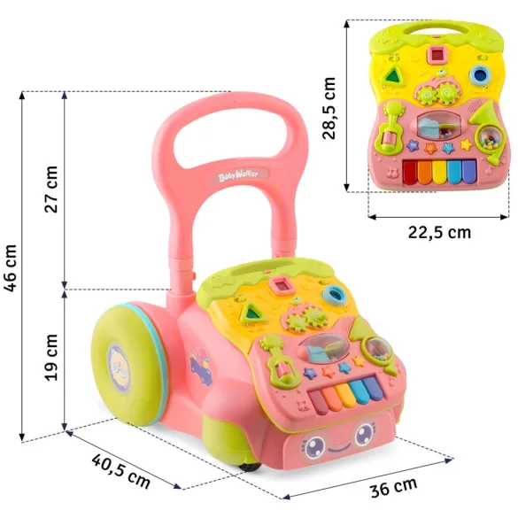 Járássegítő és oktató tábla, Ricokids RK-744, rózsaszín, 2 az 1-ben, fény és hanghatások, kivehető panel, csúszásgátló és fékezhető kerekek, hangerőszabályzós, 6 hó+