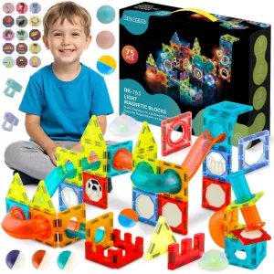 Mágneses építőjáték készlet, Ricokids RK-763, 75 db, színes, világítással, golyópálya elemekkel, oktató, készségfejlesztő, mágneses elemek (TE776300)