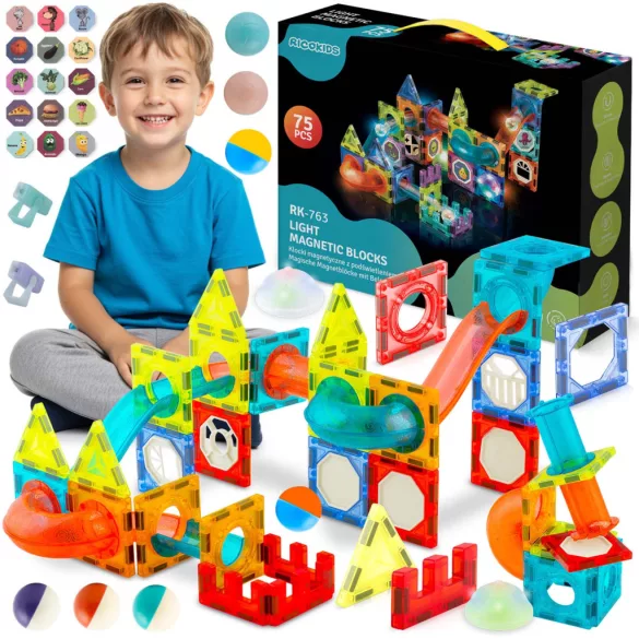Mágneses építőjáték készlet, Ricokids RK-763, 75 db, színes, világítással, golyópálya elemekkel, oktató, készségfejlesztő, mágneses elemek (TE776300)