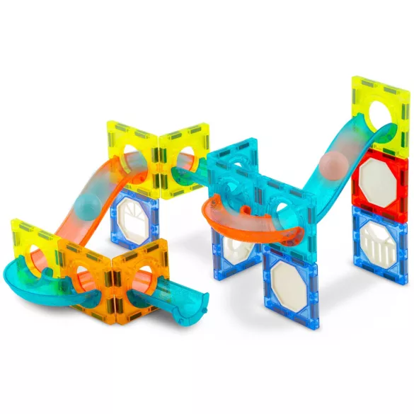 Mágneses építőjáték készlet, Ricokids RK-763, 75 db, színes, világítással, golyópálya elemekkel, oktató, készségfejlesztő, mágneses elemek (TE776300)