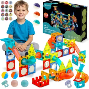 Mágneses építőjáték készlet, Ricokids RK-763, 110 db, színes, világítással, golyópálya elemekkel, oktató, készségfejlesztő, mágneses elemek (TE776310)