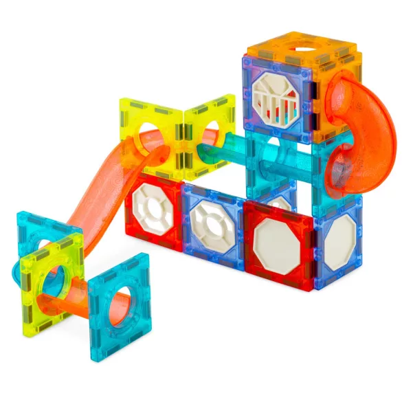 Mágneses építőjáték készlet, Ricokids RK-763, 110 db, színes, világítással, golyópálya elemekkel, oktató, készségfejlesztő, mágneses elemek (TE776310)