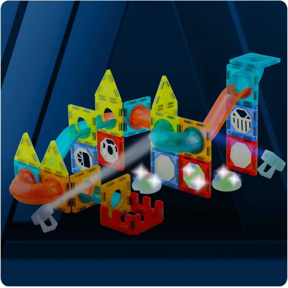 Mágneses építőjáték készlet, Ricokids RK-763, 110 db, színes, világítással, golyópálya elemekkel, oktató, készségfejlesztő, mágneses elemek (TE776310)