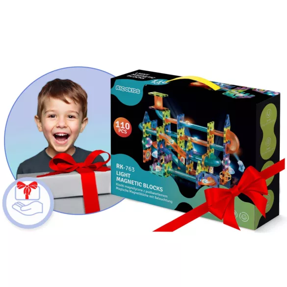 Mágneses építőjáték készlet, Ricokids RK-763, 110 db, színes, világítással, golyópálya elemekkel, oktató, készségfejlesztő, mágneses elemek (TE776310)