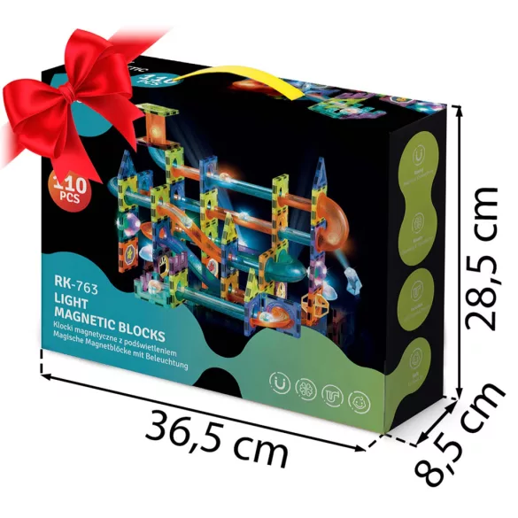 Mágneses építőjáték készlet, Ricokids RK-763, 110 db, színes, világítással, golyópálya elemekkel, oktató, készségfejlesztő, mágneses elemek (TE776310)