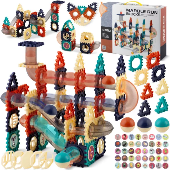 Építőjáték készlet, Ricokids RK-765, 110 db, színes, golyópálya elemekkel, oktató, készségfejlesztő