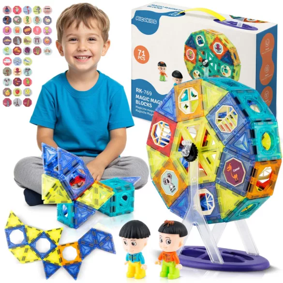 Mágneses építőkocka készlet, Ricokids RK-769, 71 db, forgó körhintával, figurákkal, átlátszó elemekkel