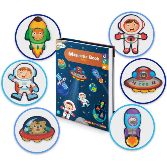 Mágneses könyv, Ricokids Kosmos RK-770, űr témájú, oktató, gyerekeknek, mágneses háttérrel, tárolódobozzal, nagy készlet