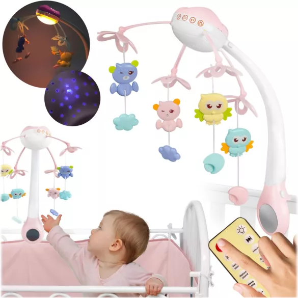 Zenélő forgó, Ricokids RK-813, rózsaszín, távirányítós, projektoros, 13 dallam, időzíthető: 10/20/30 perc, elemes (3 x AAA, nem tartozék)