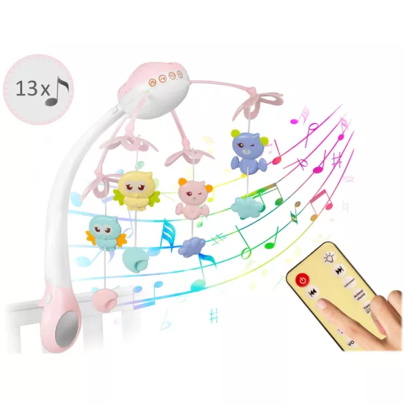 Zenélő forgó, Ricokids RK-813, rózsaszín, távirányítós, projektoros, 13 dallam, időzíthető: 10/20/30 perc, elemes (3 x AAA, nem tartozék)