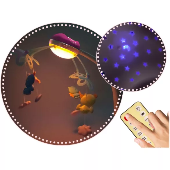Zenélő forgó, Ricokids RK-813, rózsaszín, távirányítós, projektoros, 13 dallam, időzíthető: 10/20/30 perc, elemes (3 x AAA, nem tartozék)