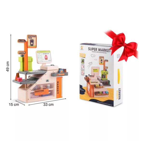 Játék pénztárgép, Ricokids RK-822, interaktív, hang- és fényhatásokkal, kávéfőzővel, vonalkódolvasóval, nyitható pulttal és hűtővel, sok tartozékkal