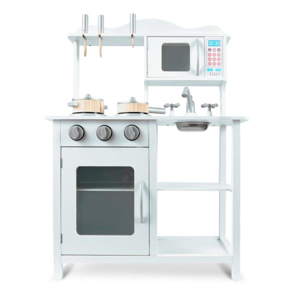 Játékkonyha, Ricokids, 60 x 30 x 85 cm, fehér, fa, kiegészítőkkel, kivehető mosogatóval, forgatható gombokkal