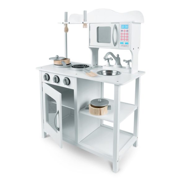 Játékkonyha, Ricokids, 60 x 30 x 85 cm, fehér, fa, kiegészítőkkel, kivehető mosogatóval, forgatható gombokkal