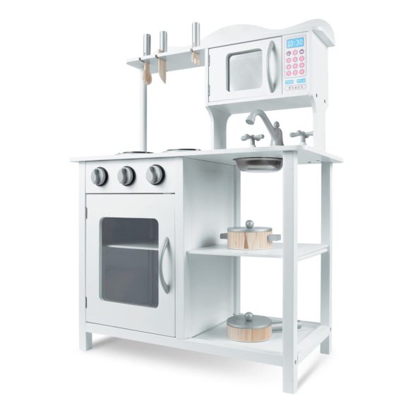 Játékkonyha, Ricokids, 60 x 30 x 85 cm, fehér, fa, kiegészítőkkel, kivehető mosogatóval, forgatható gombokkal