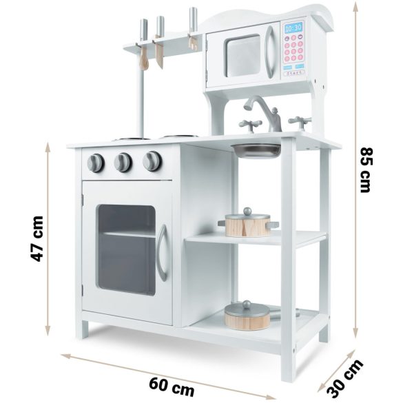 Játékkonyha, Ricokids, 60 x 30 x 85 cm, fehér, fa, kiegészítőkkel, kivehető mosogatóval, forgatható gombokkal