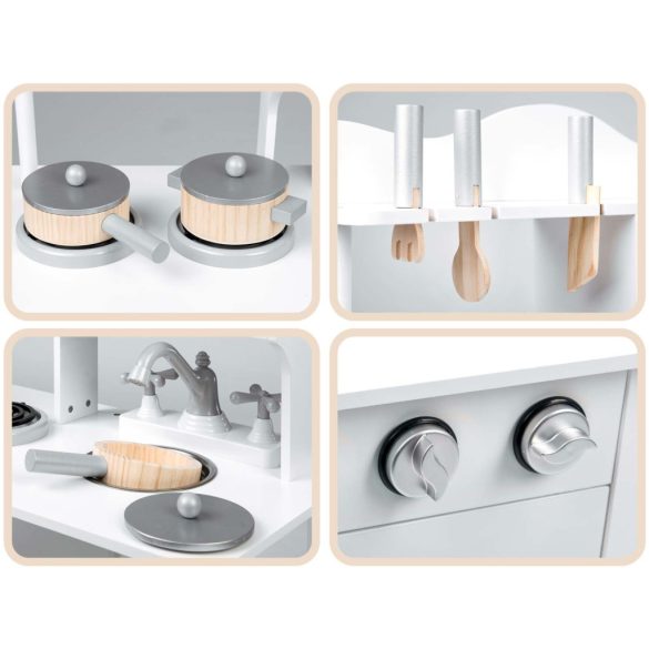 Játékkonyha, Ricokids, 60 x 30 x 85 cm, fehér, fa, kiegészítőkkel, kivehető mosogatóval, forgatható gombokkal