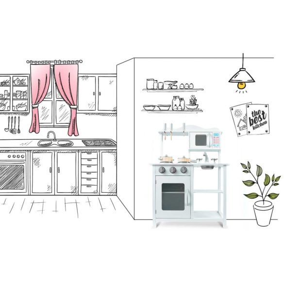 Játékkonyha, Ricokids, 60 x 30 x 85 cm, fehér, fa, kiegészítőkkel, kivehető mosogatóval, forgatható gombokkal