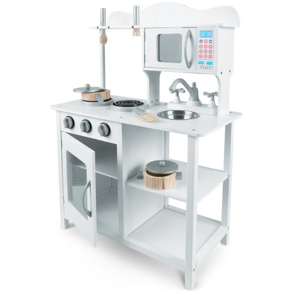 Játékkonyha, Ricokids, 60 x 30 x 85 cm, fehér, fa, kiegészítőkkel, kivehető mosogatóval, forgatható gombokkal