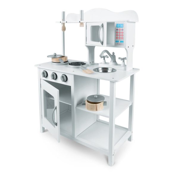 Játékkonyha, Ricokids, 60 x 30 x 85 cm, fehér, fa, kiegészítőkkel, kivehető mosogatóval, forgatható gombokkal