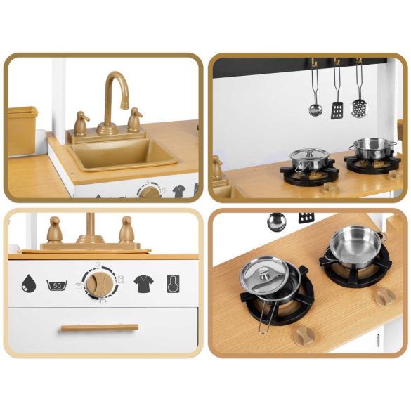 Játékkonyha, Ricokids RC-836, 70 x 29,5 x 98 cm, fa és MDF, interaktív elemekkel, rozsdamentes acél tartozékokkal