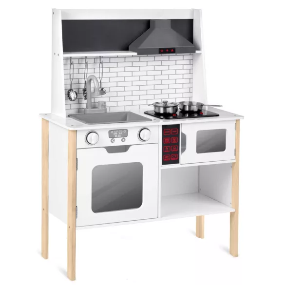 Játékkonyha, Ricokids RC-846, 95 x 70 x 29,5 cm, fa és MDF, interaktív elemekkel, LED világítással és főzési hangokkal